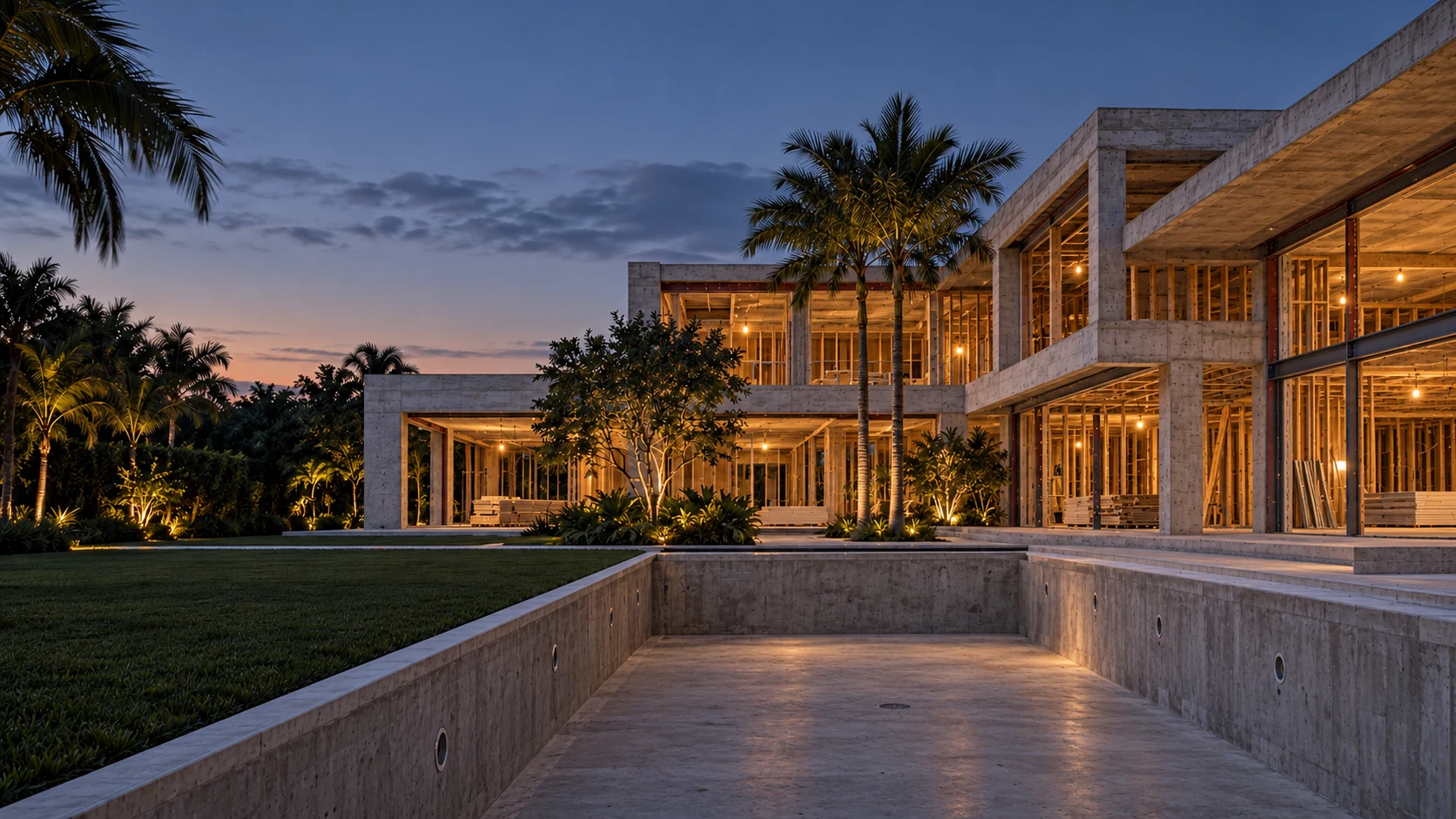 A contemporary Florida home at its structural framing stage