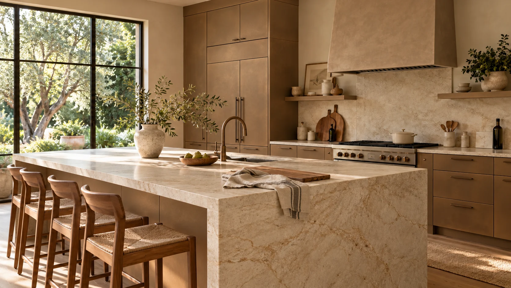The same kitchen with aged bronze cabinetry