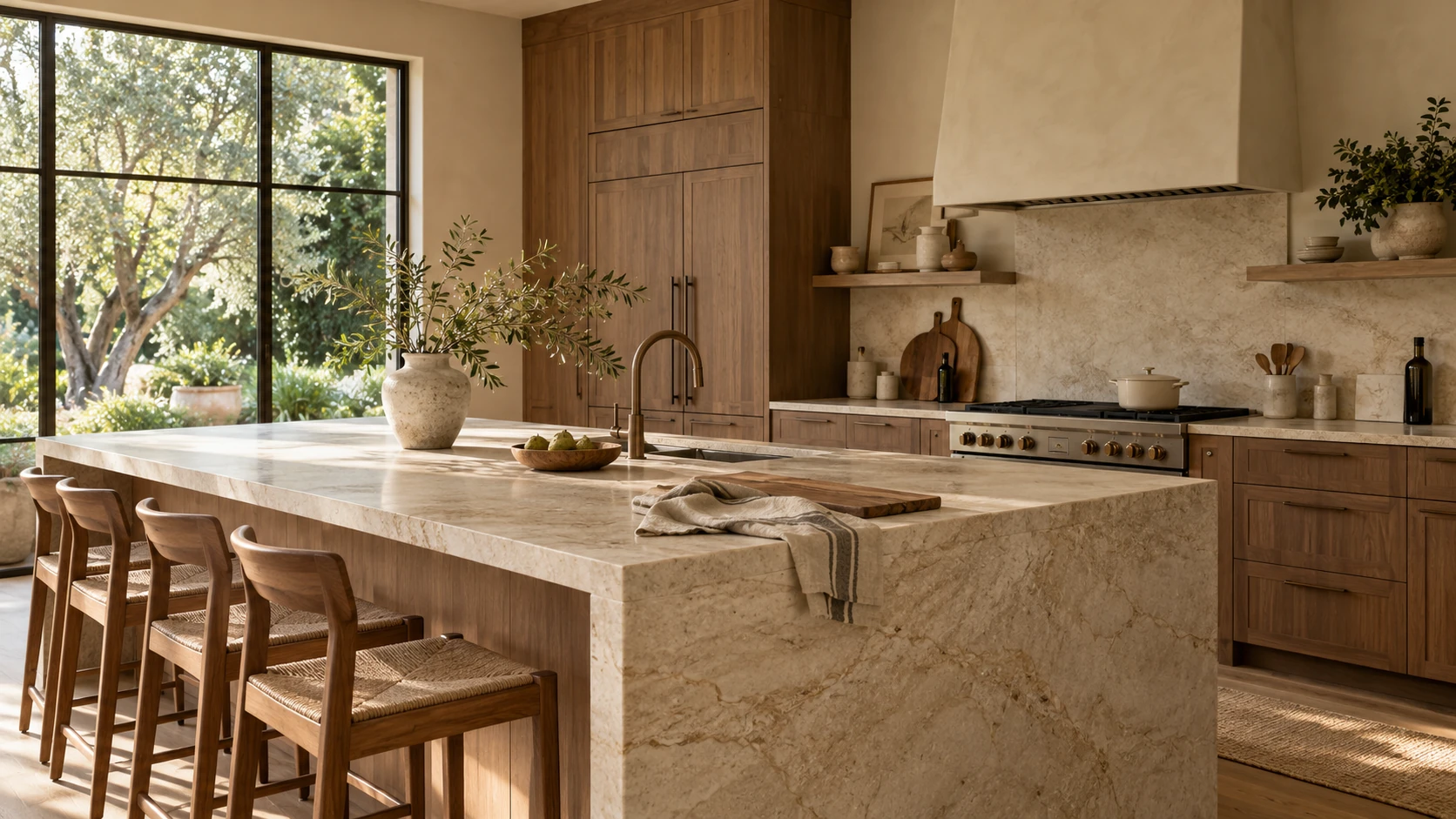 Natural walnut and travertine kitchen design inspiration