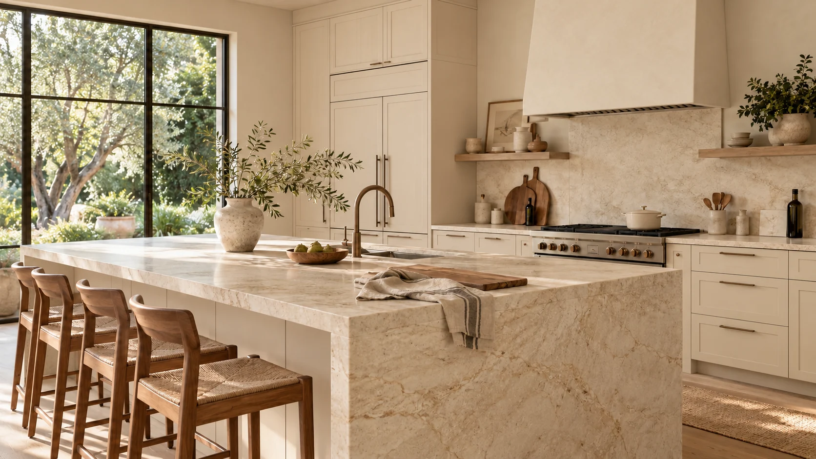The same kitchen with warm limestone ivory cabinetry