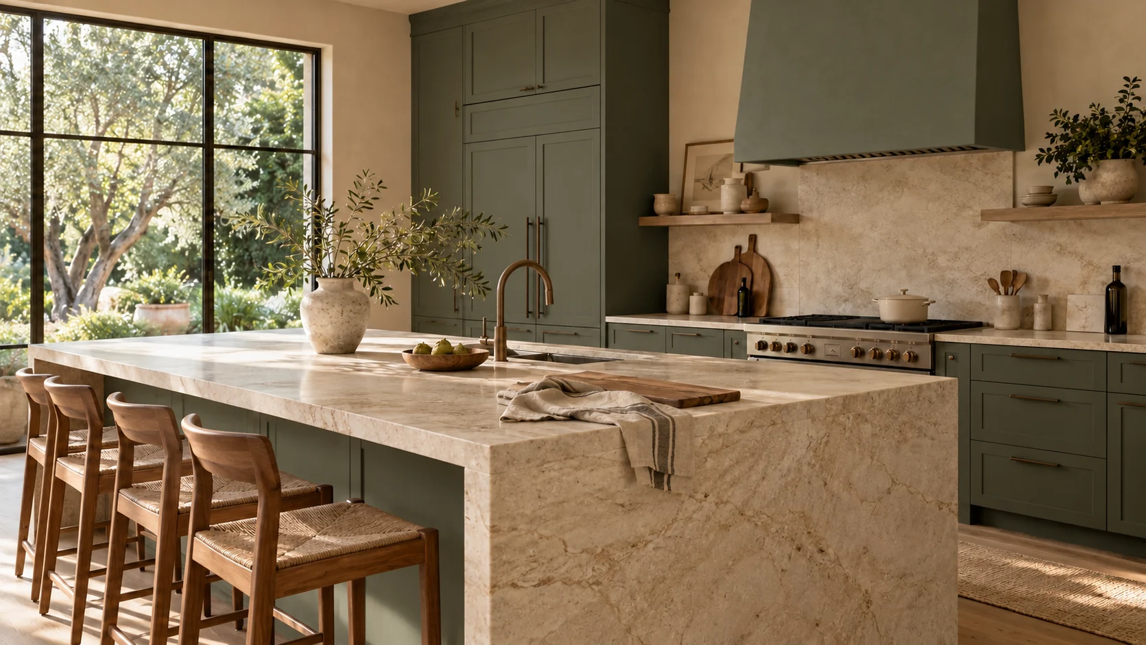 The same kitchen with deep olive green cabinetry