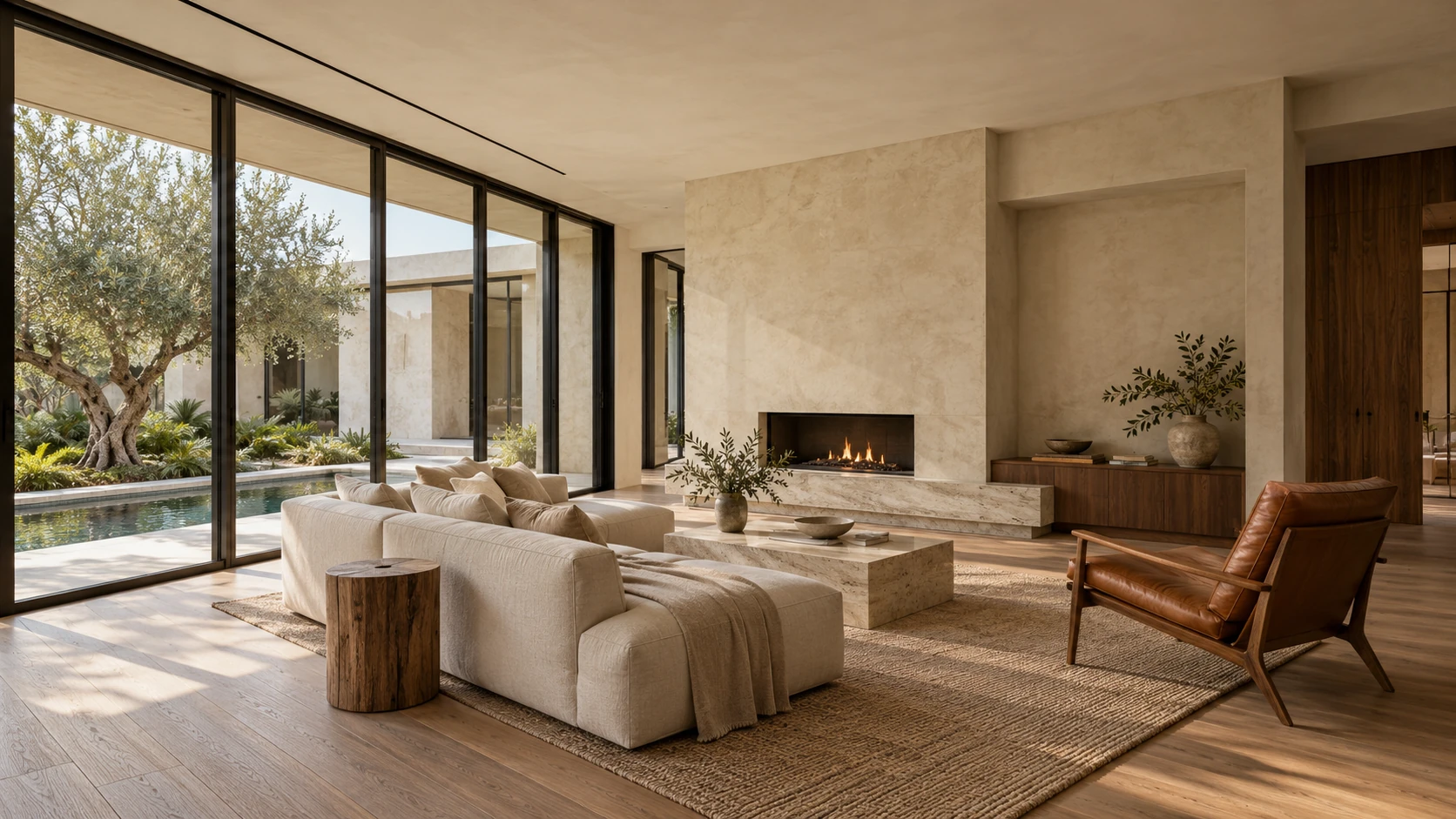 Illustrative finished living room with natural materials and furnishings